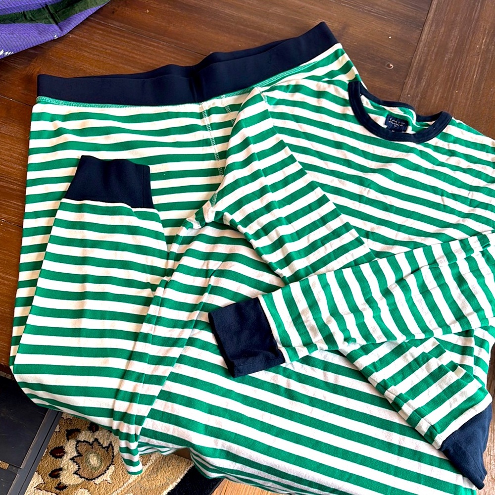 JCrew Green and White Striped Cotton Pajamas Navy Trim Sz XL